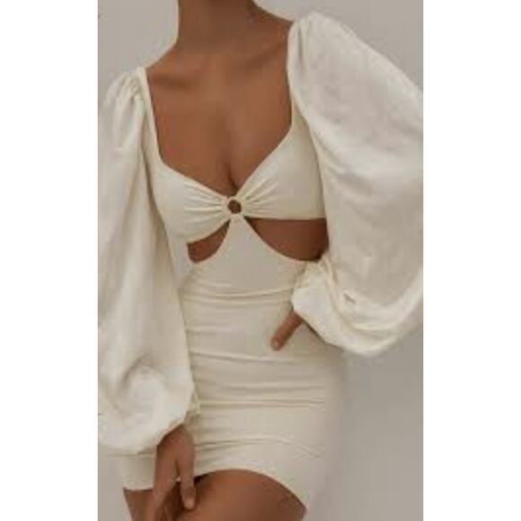 Oh Polly Champagne Cut Out Mini Dress Sz 0 Balloon Sleeve Cut Out Fitted Sexy - Picture 1 of 8